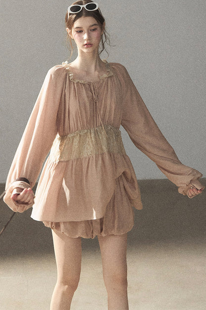 Crinkled Fabric Top and Short Skirt Set