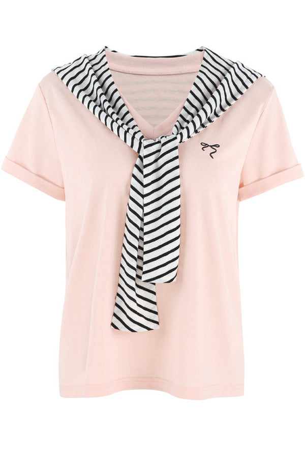 Loose Short-Sleeved Striped Shawl T-Shirt and Denim Skirt Set-Up
