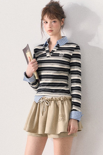 Striped Layered-Look Long-Sleeve Polo Shirt