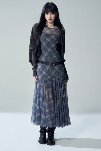 Blue Plaid Long Sleeve Dress Set