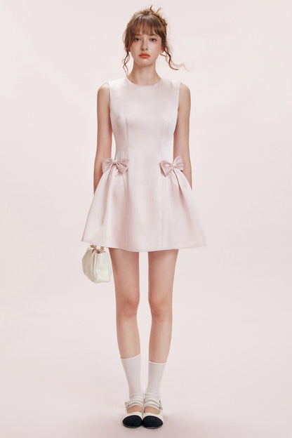 Double Bow Satin Vest Dress and Cardigan Set-Up
