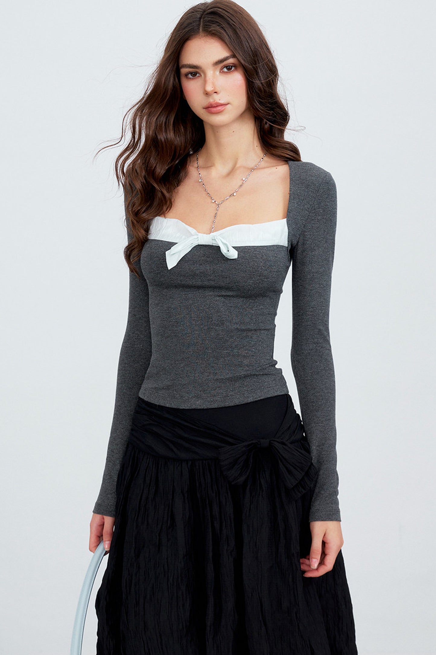 Contrast Bow Square Neck Long-Sleeve Top