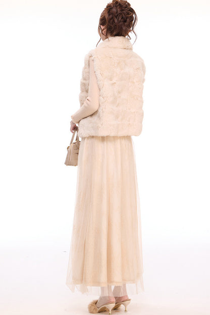 Rabbit Fur Vest and Knitted Sweater Cake Skirt Set-Up