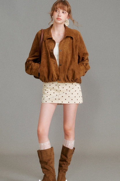 Retro Lapel Pleated Short Suede Jacket