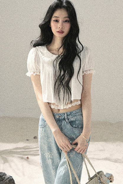 French Style Lace Puff Sleeve Blouse