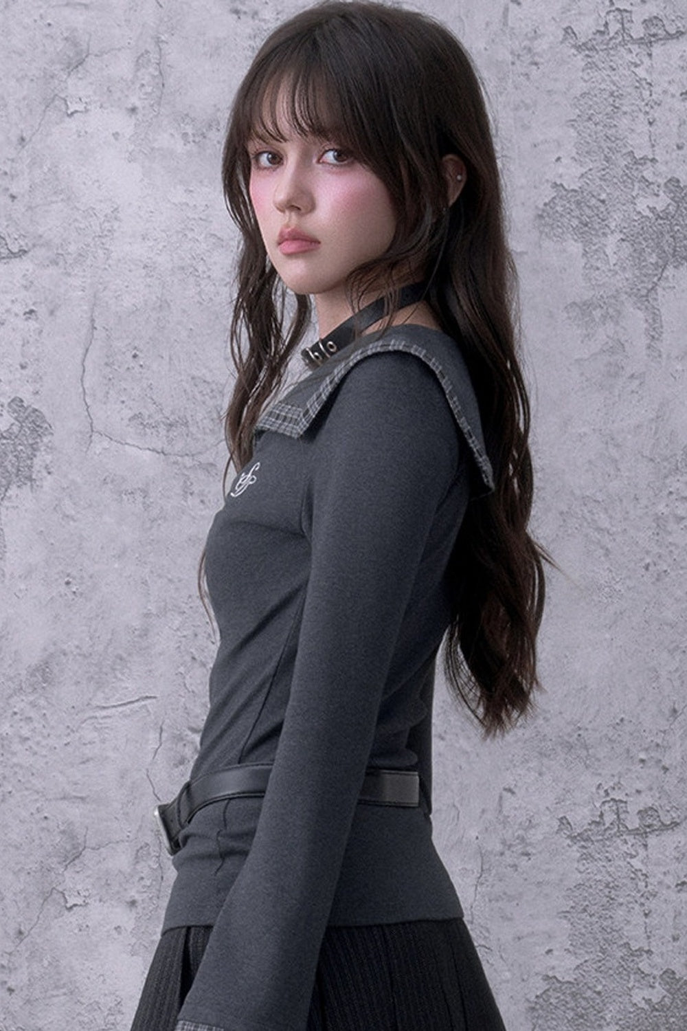 Gray Large Lapel Ruched Patchwork Blouse