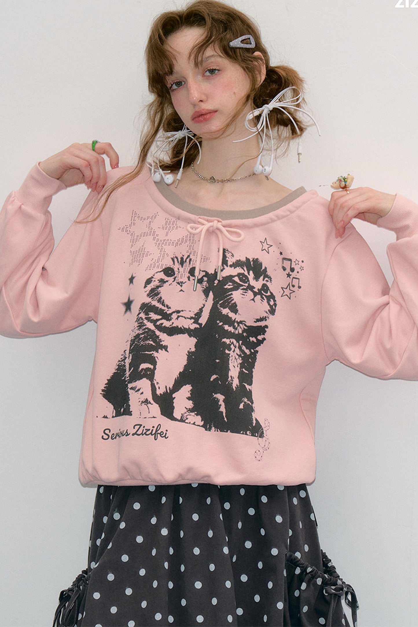 Pink Cat Print Tie Neck Sweatshirt