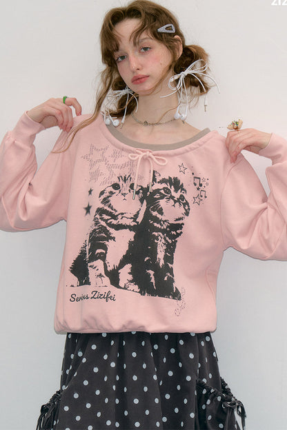 Pink Cat Print Tie Neck Sweatshirt