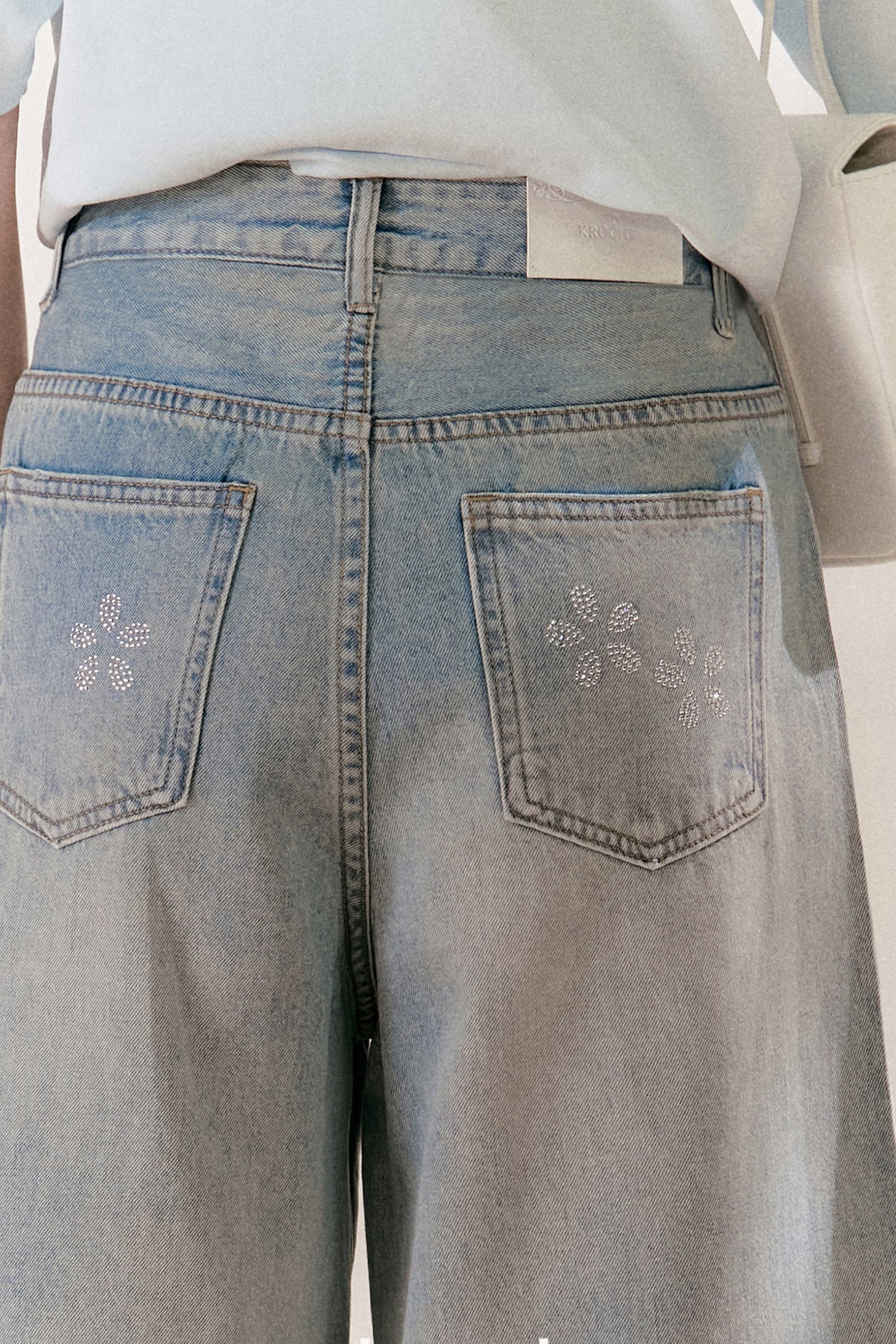 Floral Rhinestone Wide-Leg Denim Pants