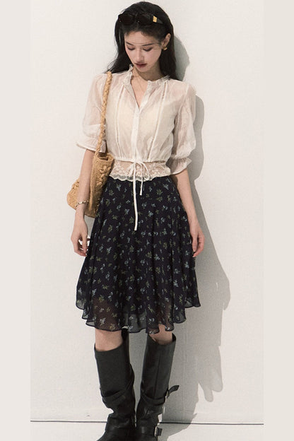 Lyocell Lace Trim Blouse and Floral A-Line Skirt Set-Up