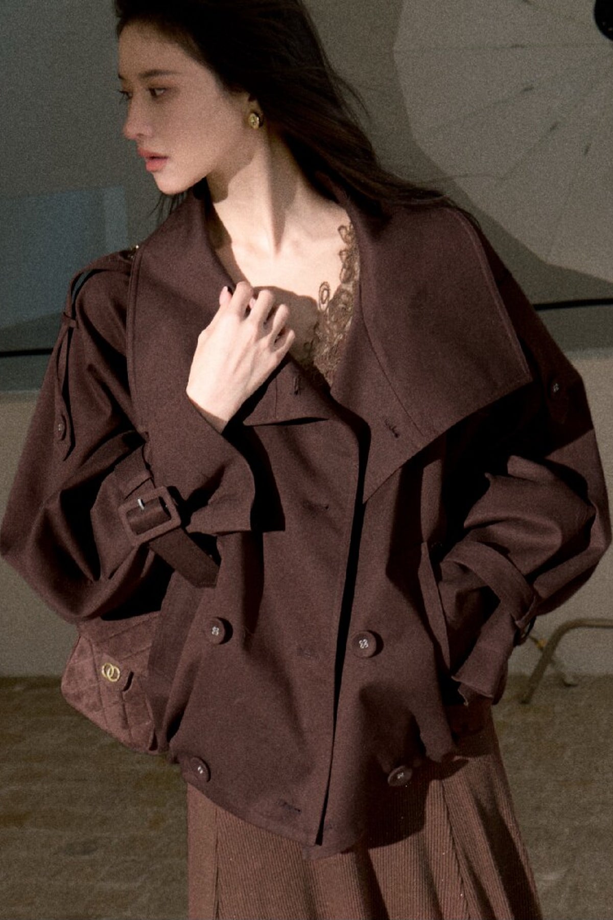 Spliced Lace Trim Long-Sleeve A-Line Dress