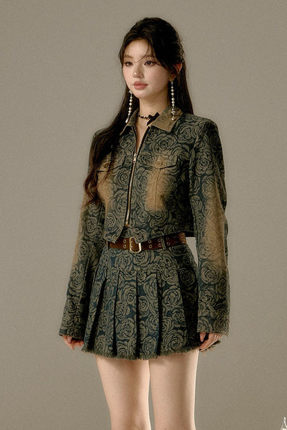 Floral Denim Skirt With Belt
