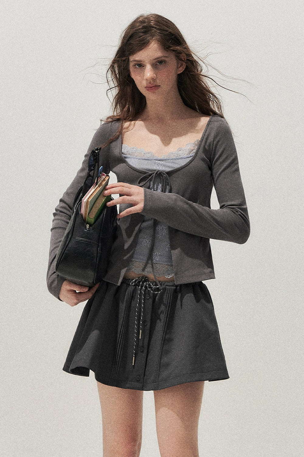Lace Spliced Tie-Up Long Sleeve Top