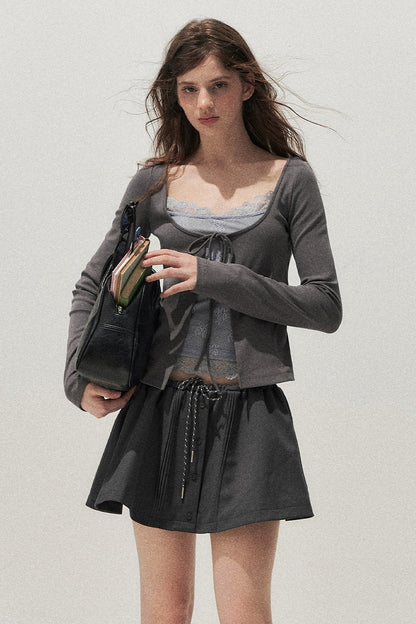 Lace Spliced Tie-Up Long Sleeve Top