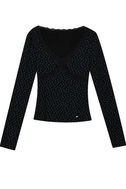 Top interior floral de encaje con cuello en V y mangas largas