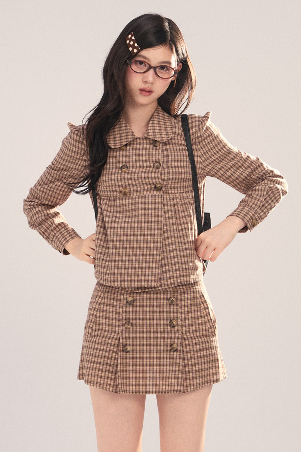 Long-Sleeved Plaid Shirt and Skirt Set-Up