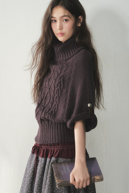 Berry Purple High-Neck Wool Knit Cape