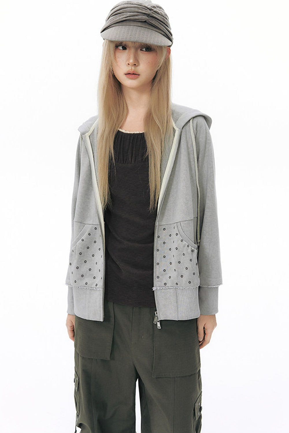 Distressed Floral Print Hooded Open Front Jacket