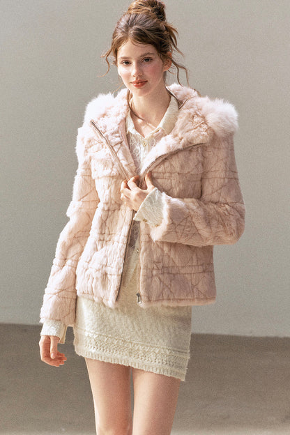 Quilted Faux Rabbit Fur Hooded Jacket
