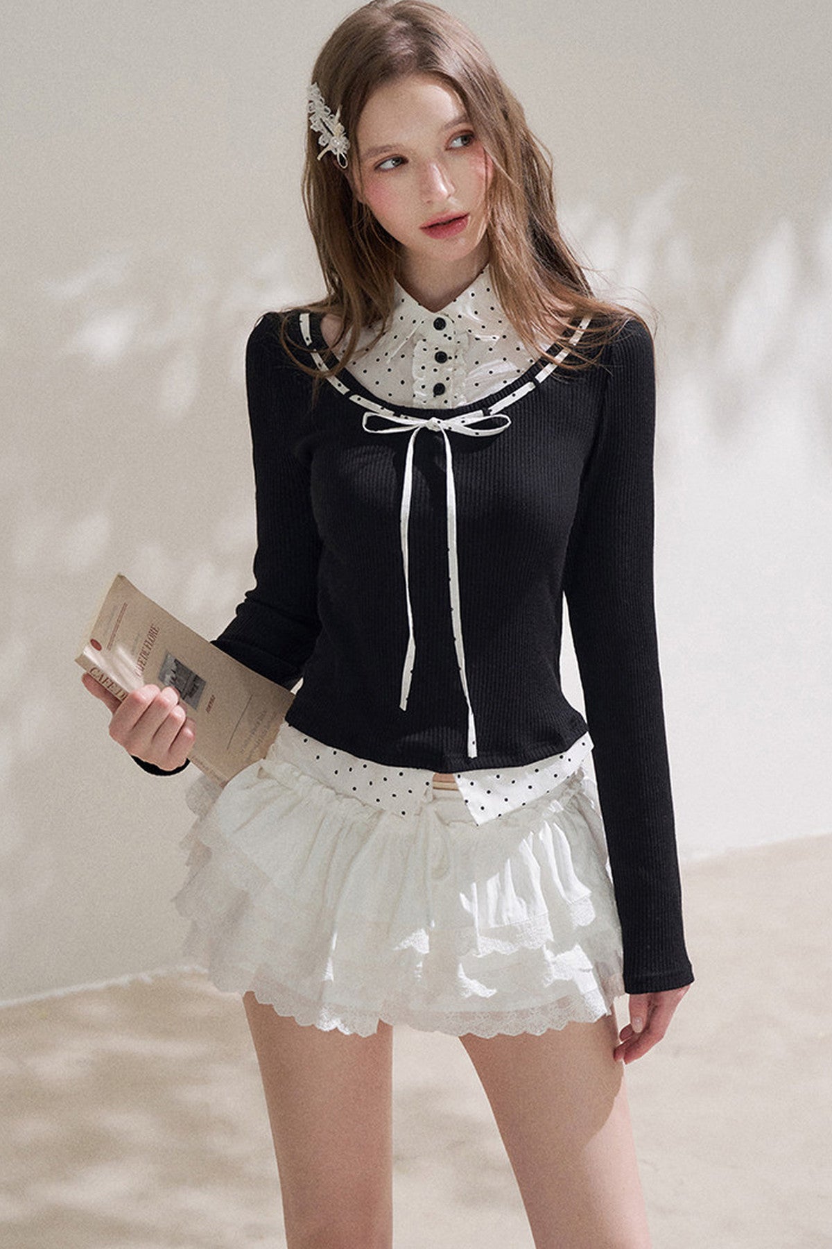 Black Halter Polka Dot Layered Blouse