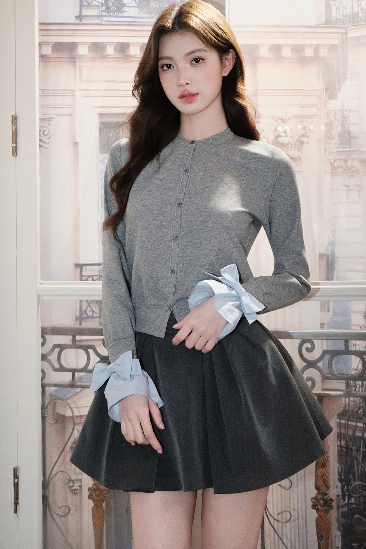 Layered-Look Bow Knit Cardigan