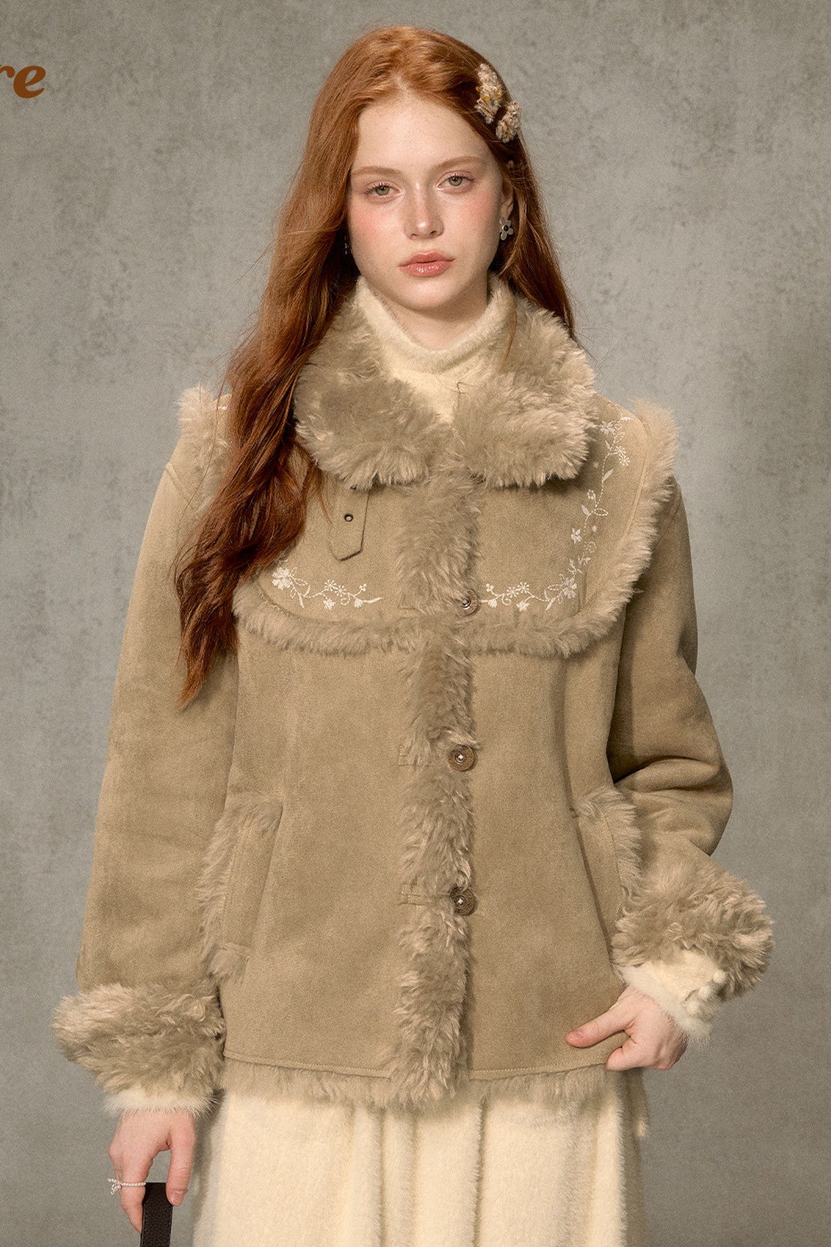 Embroidered Fur Collar Shearling Jacket