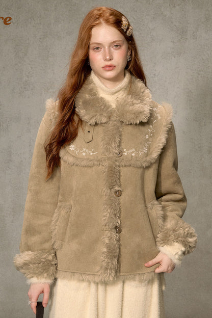 Embroidered Fur Collar Shearling Jacket