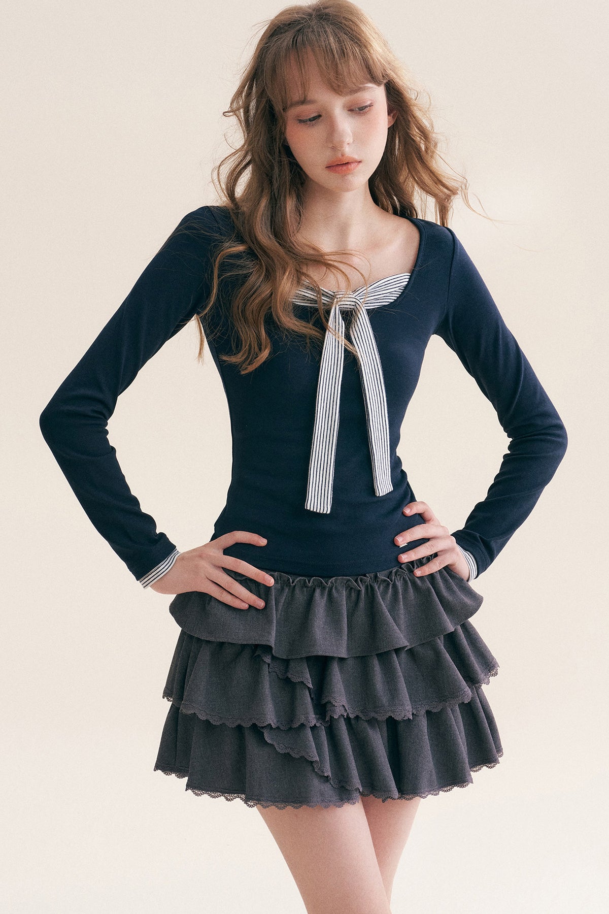 Striped Tie Square Neck Long-Sleeve T-Shirt