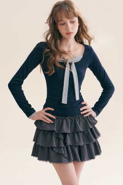 Striped Tie Square Neck Long-Sleeve T-Shirt