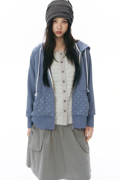 Distressed Floral Print Hooded Open Front Jacket