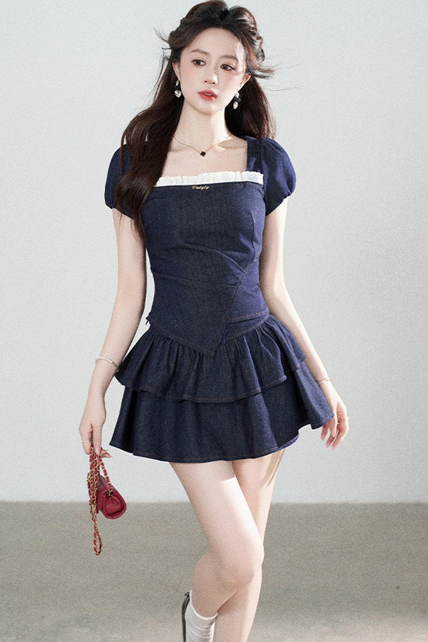 Denim Puff Sleeve Top And Skirt Set