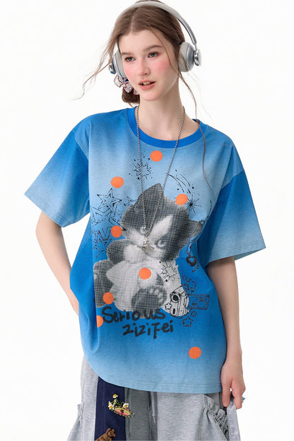 Blue Gradient Cat Print T-Shirt