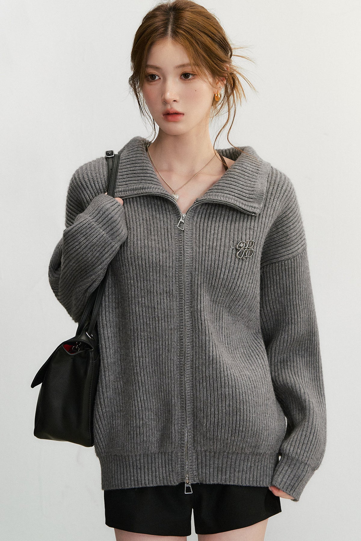 Grey Textured Zipper Knit Jacket