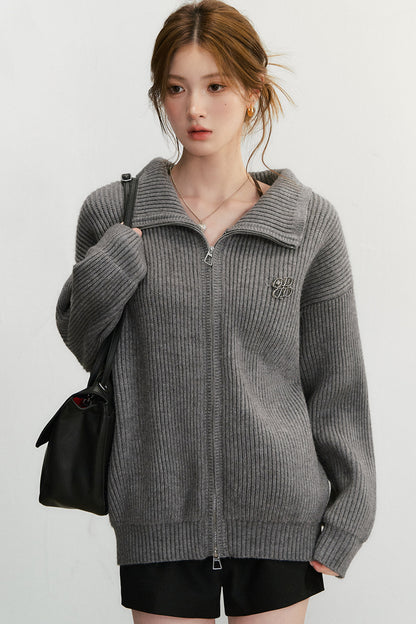 Grey Textured Zipper Knit Jacket