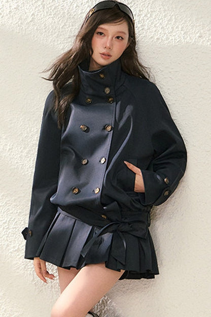 Style Pleated Skirt and Short Coat Set
