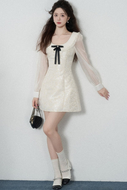 Waist-Cinching A-Line Jacquard Long-Sleeve Dress
