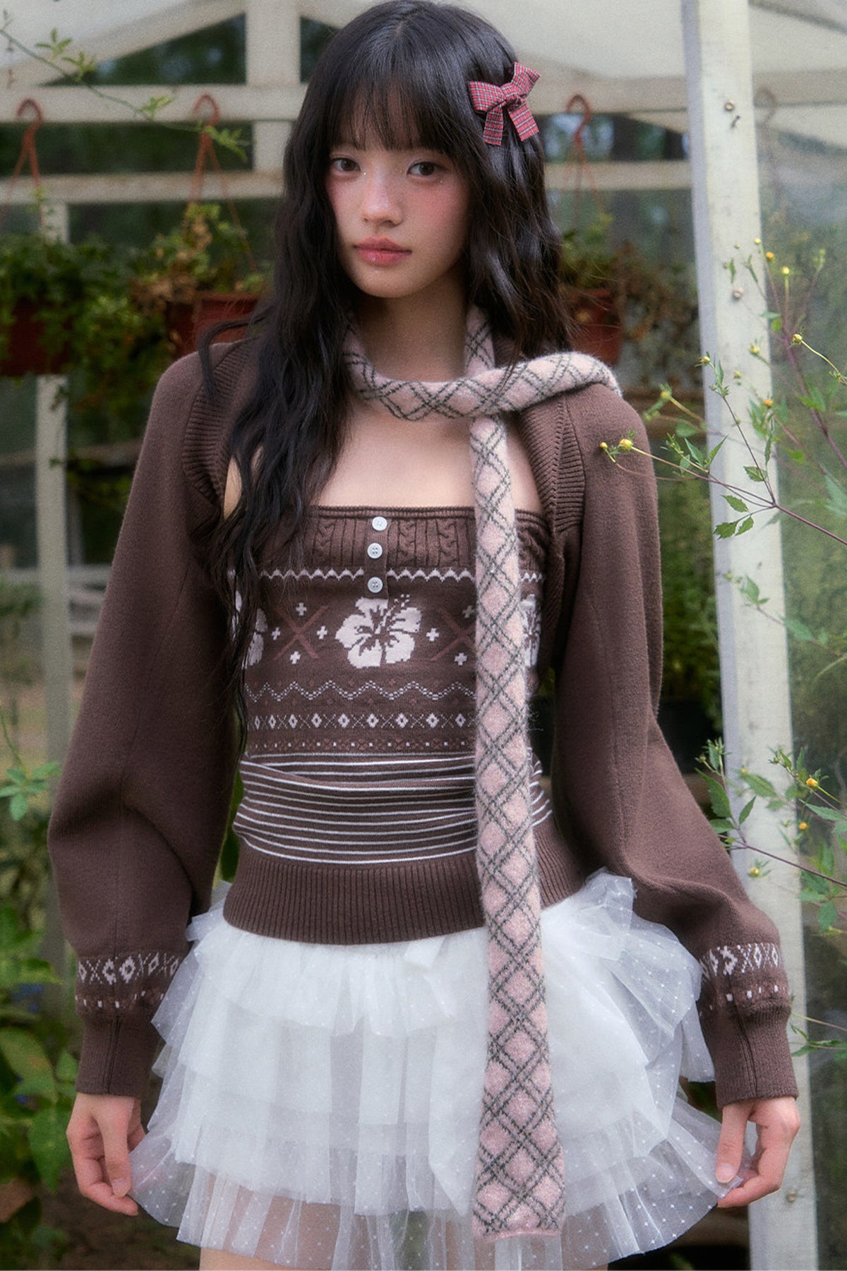 Brown Fair Isle Knit Tube Top and Cardigan Set-Up