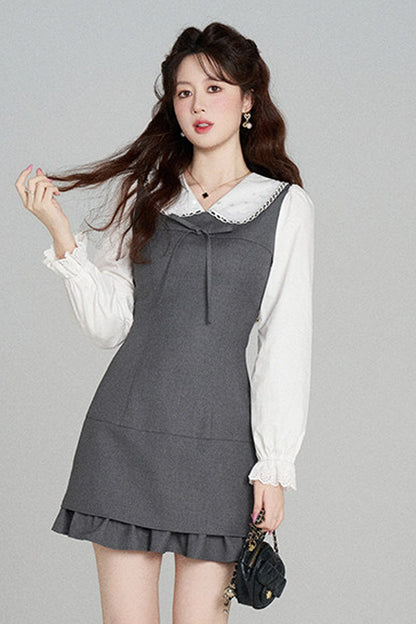 Gray Doll Collar Cinched Waist Dress