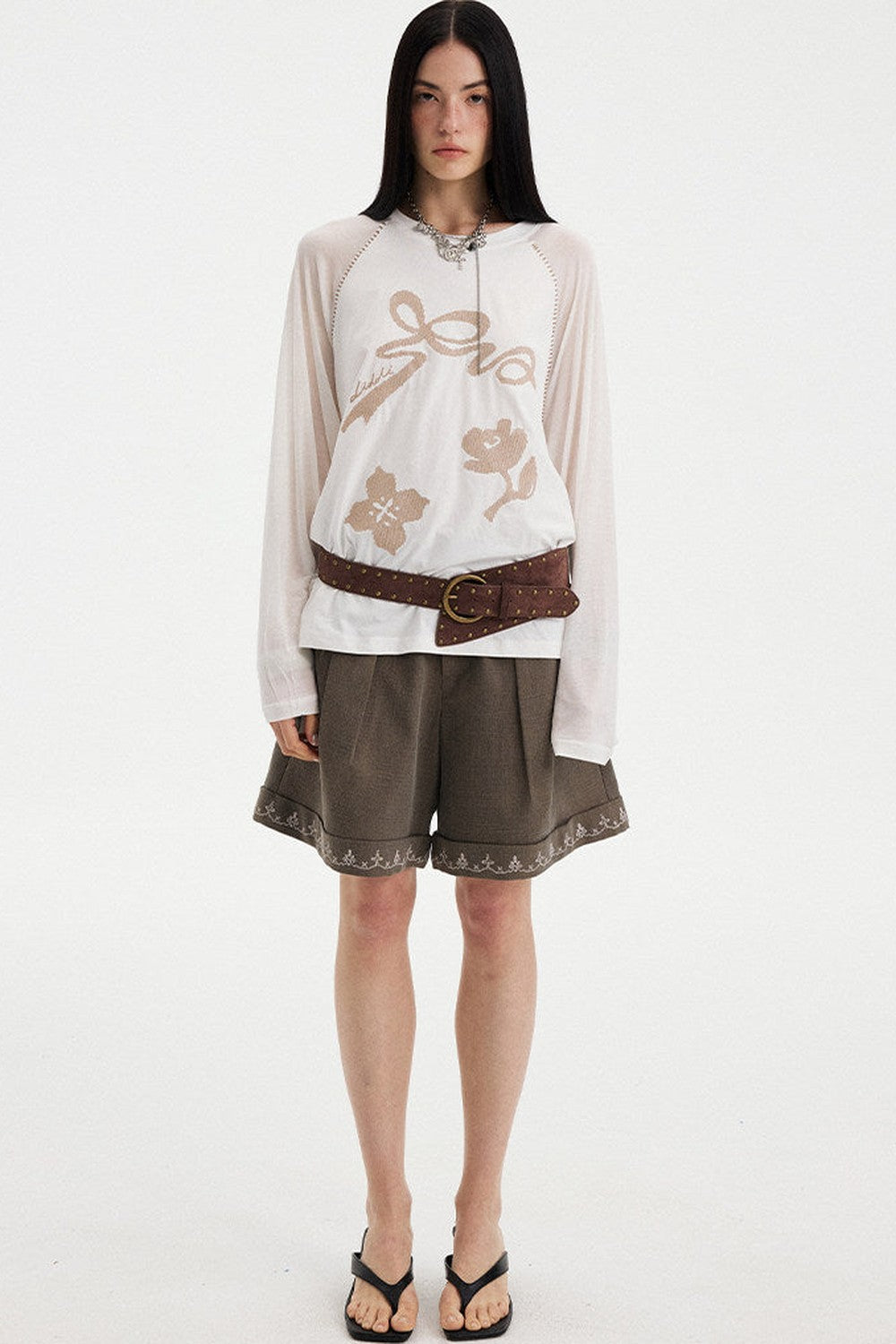 Bow Floral Spliced Long-Sleeve Top
