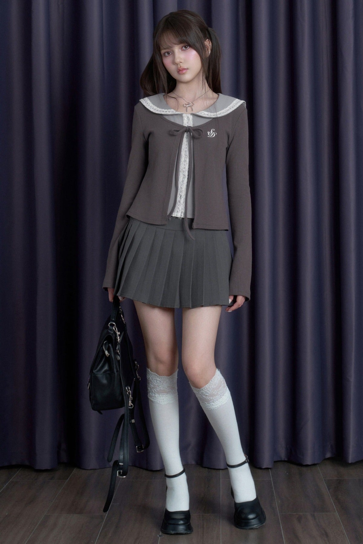 Gray Lace Sailor Collar Top and Skirt Set-Up