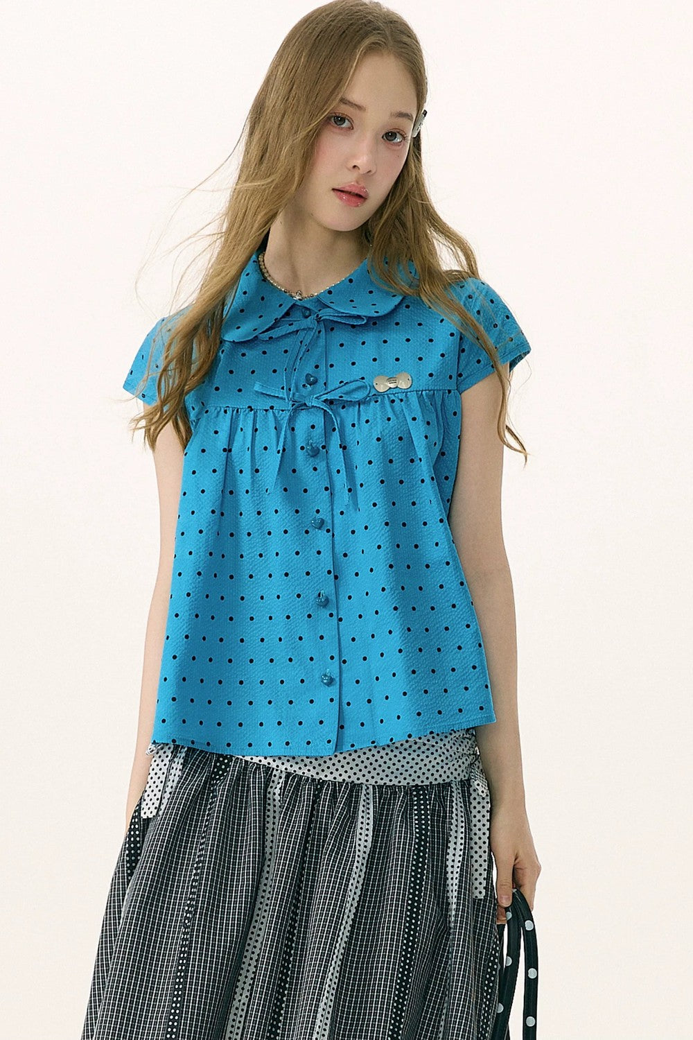 Blue Polka Dot Bow Blouse
