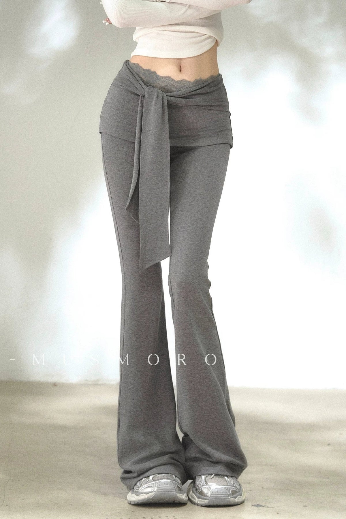 Fold-Over Waist Lace Tie-Up Flared Pants