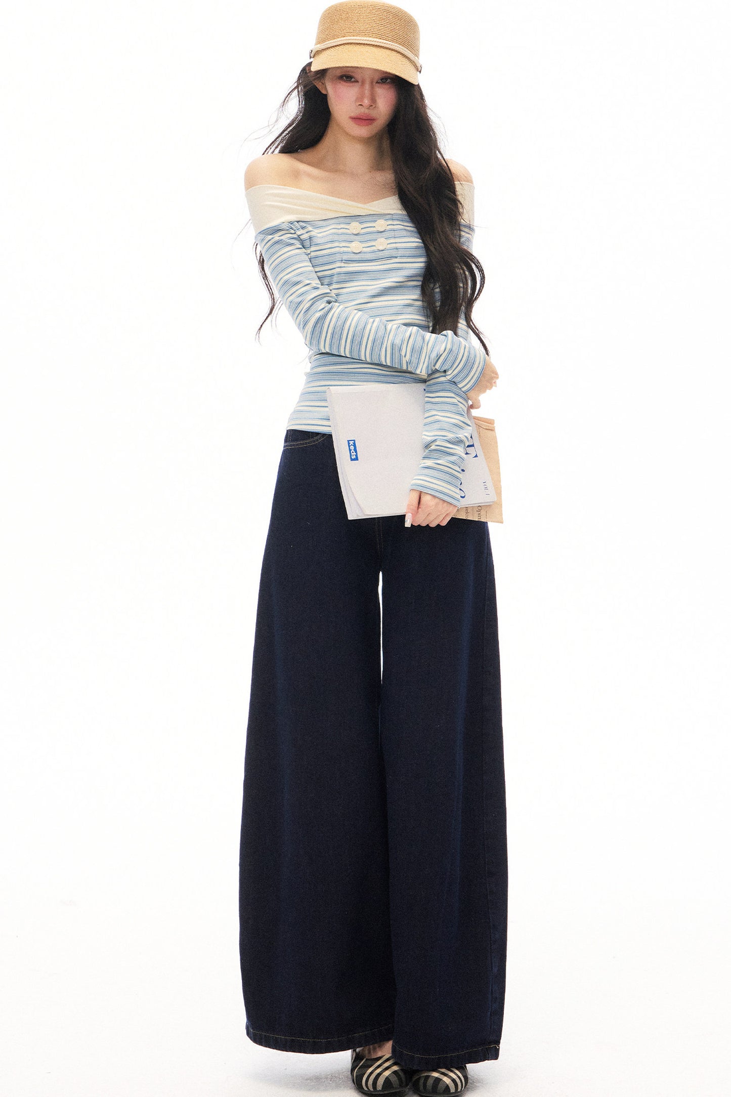 Striped Off-Shoulder Knit Top and Jeans Set-Up