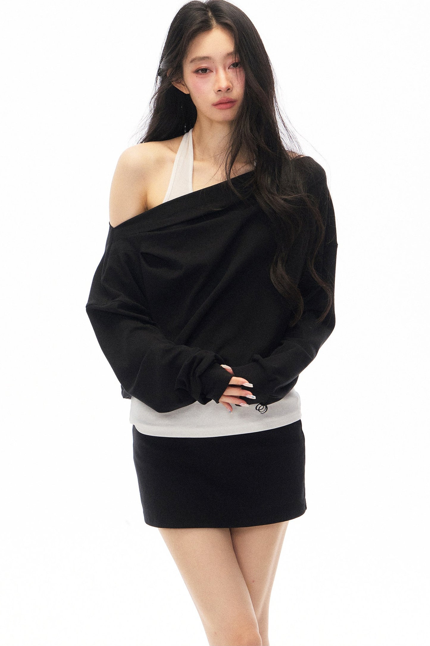 Black Asymmetrical Shoulder Long-Sleeve Top and Skirt Set-Up