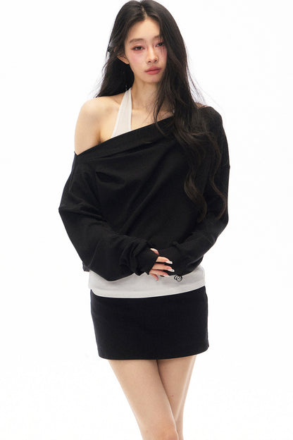 Black Asymmetrical Shoulder Long-Sleeve Top and Skirt Set-Up