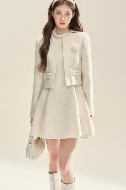Ruffled Collar Jacket and Dress Set-Up