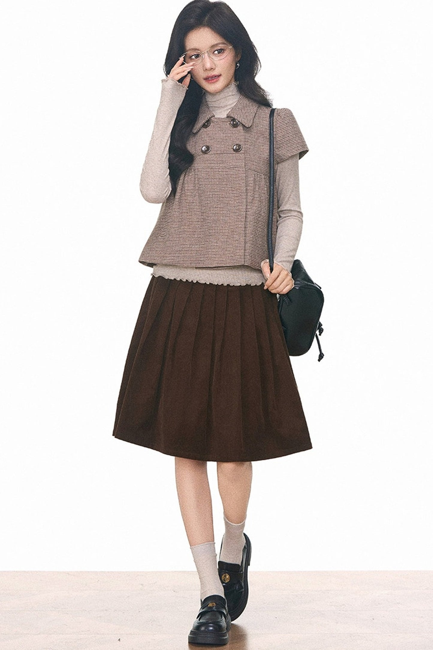 Woolen Short Sleeve Top and Corduroy Midi Skirt Set-Up