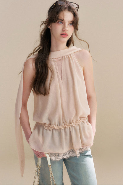 French Chiffon Lace Ribbon Top