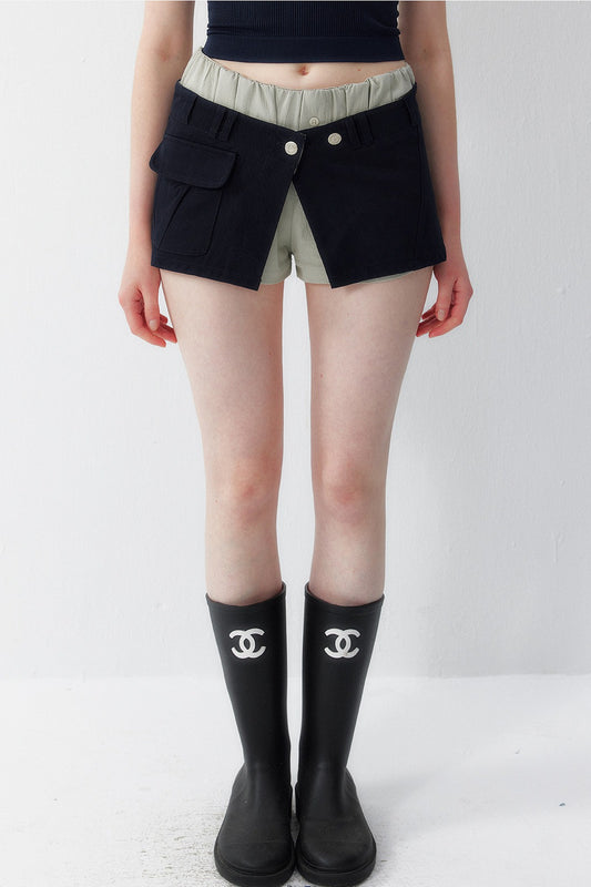 Faux Layered Denim Cargo Mini Skirt Pants