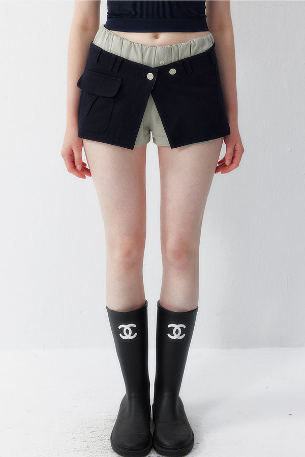 Faux Layered Denim Cargo Mini Skirt Pants